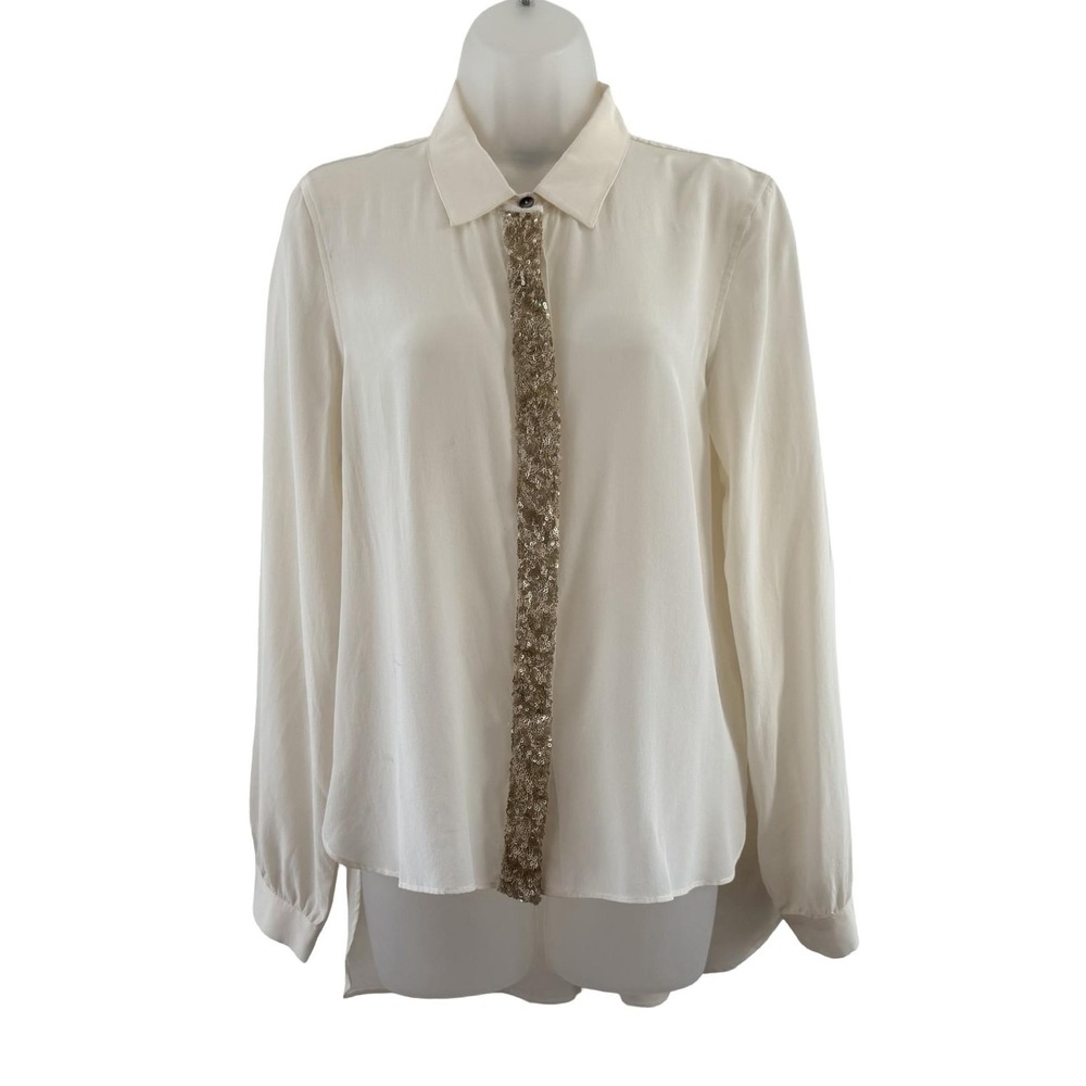Gryphon Blouse Womens Large White Silk Sparkle Placket Sequin Shirt Long Sleeve